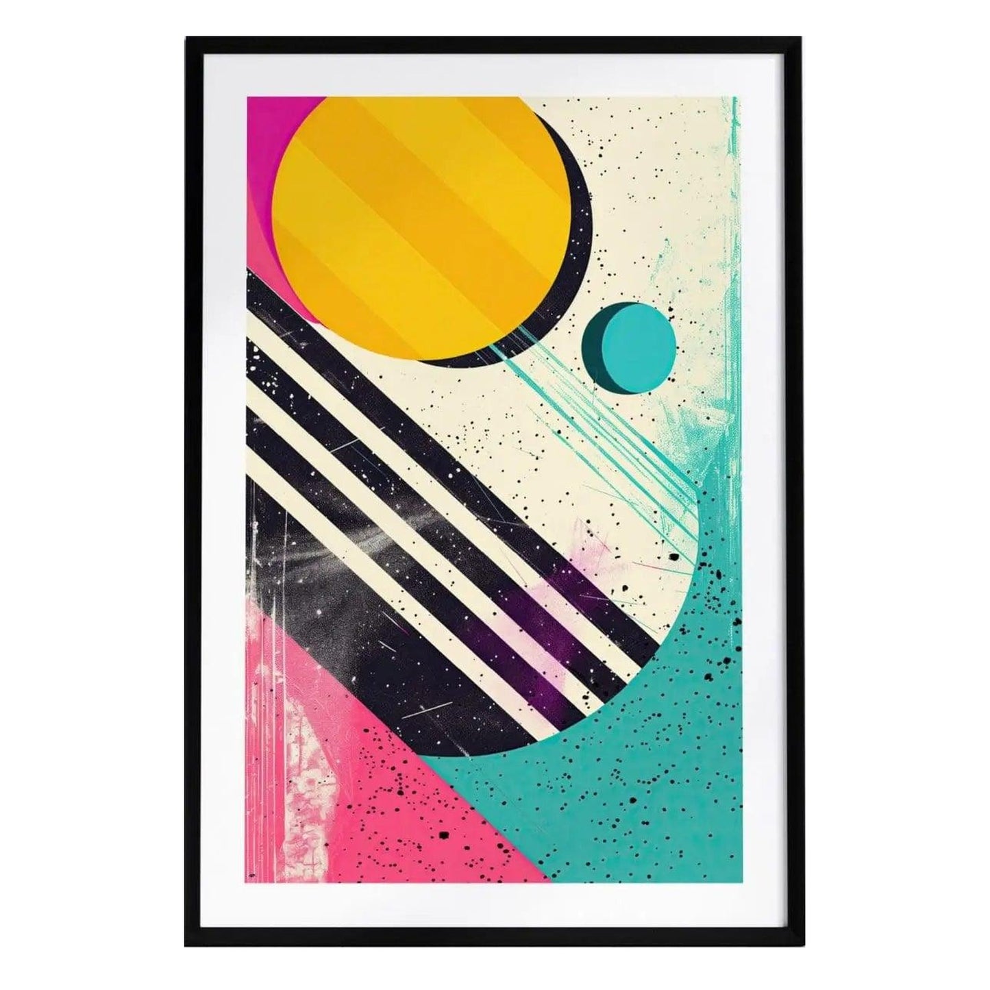 A vibrant 1980s-inspired poster featuring bold geometric shapes, including a large yellow circle and a smaller blue circle, set against a textured background of pink and teal with contrasting black stripes.