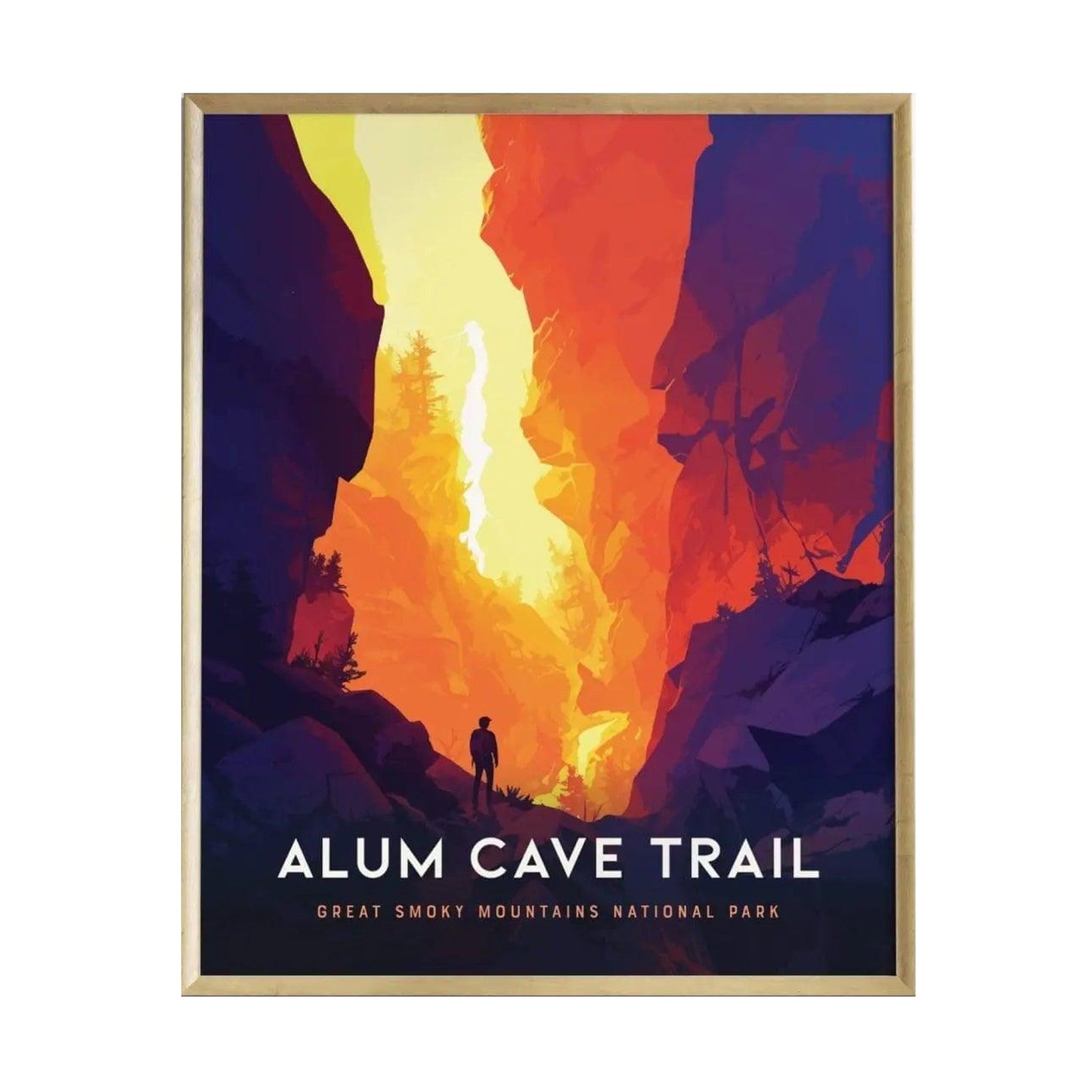 A vibrant poster depicting the Alum Cave Trail in Great Smoky Mountains National Park, featuring a silhouette of a hiker amidst dramatic orange and purple rock formations and trees.