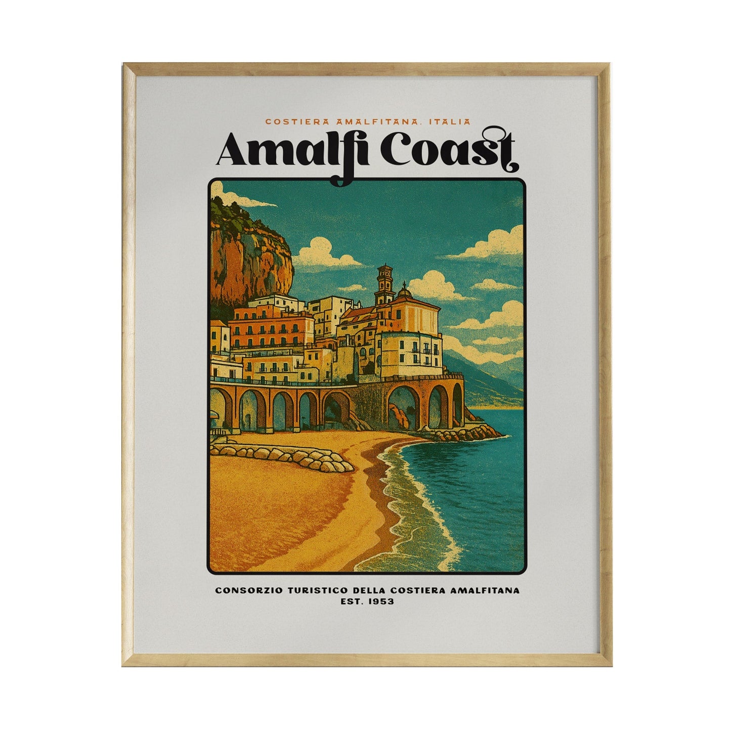 A vintage travel poster featuring the Amalfi Coast, showcasing colorful cliffside buildings with a sandy beach and deep blue water. The design includes the text Amalfi Coast and Consorzio Turistico Della Costiera Amalfitana at the bottom.