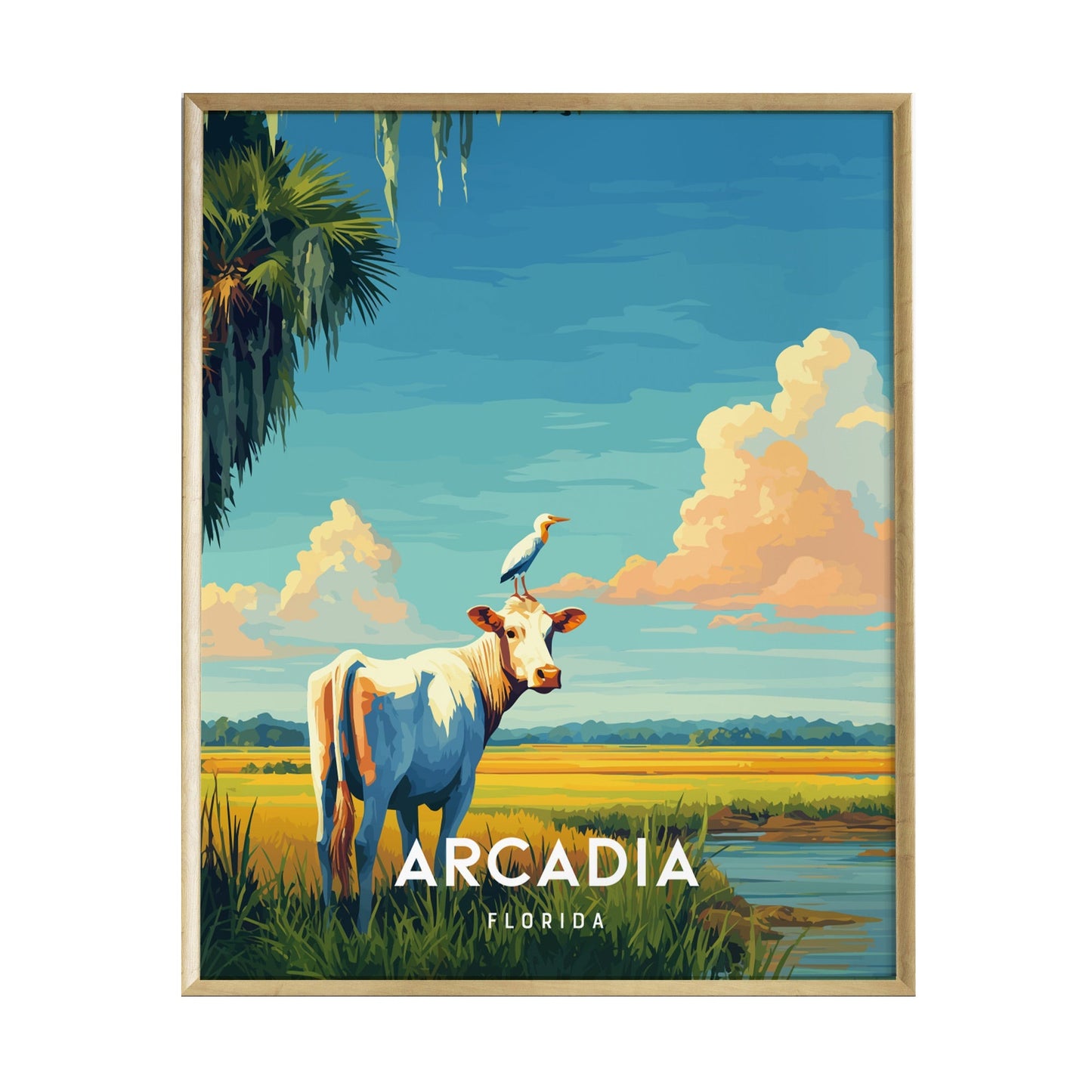 A vibrant illustration of a white cow standing in a lush green pasture, with a bird perched on its head. The background features a scenic landscape of rolling hills, blue skies, and fluffy clouds, embodying the essence of Arcadia, Florida.