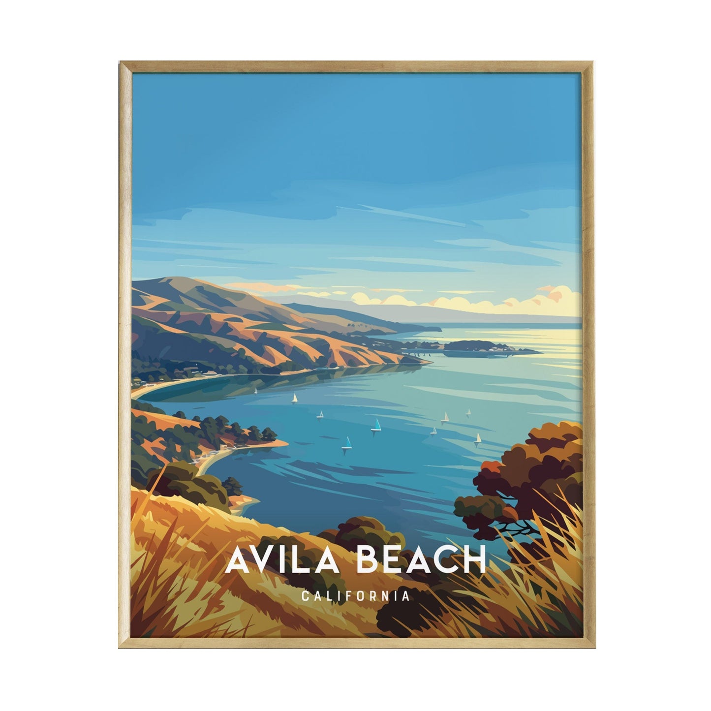 A vibrant illustration of Avila Beach, California, featuring rolling hills and gentle waves under a bright blue sky. The scene captures the coastal beauty with sailboats dotting the water and golden grasses in the foreground.