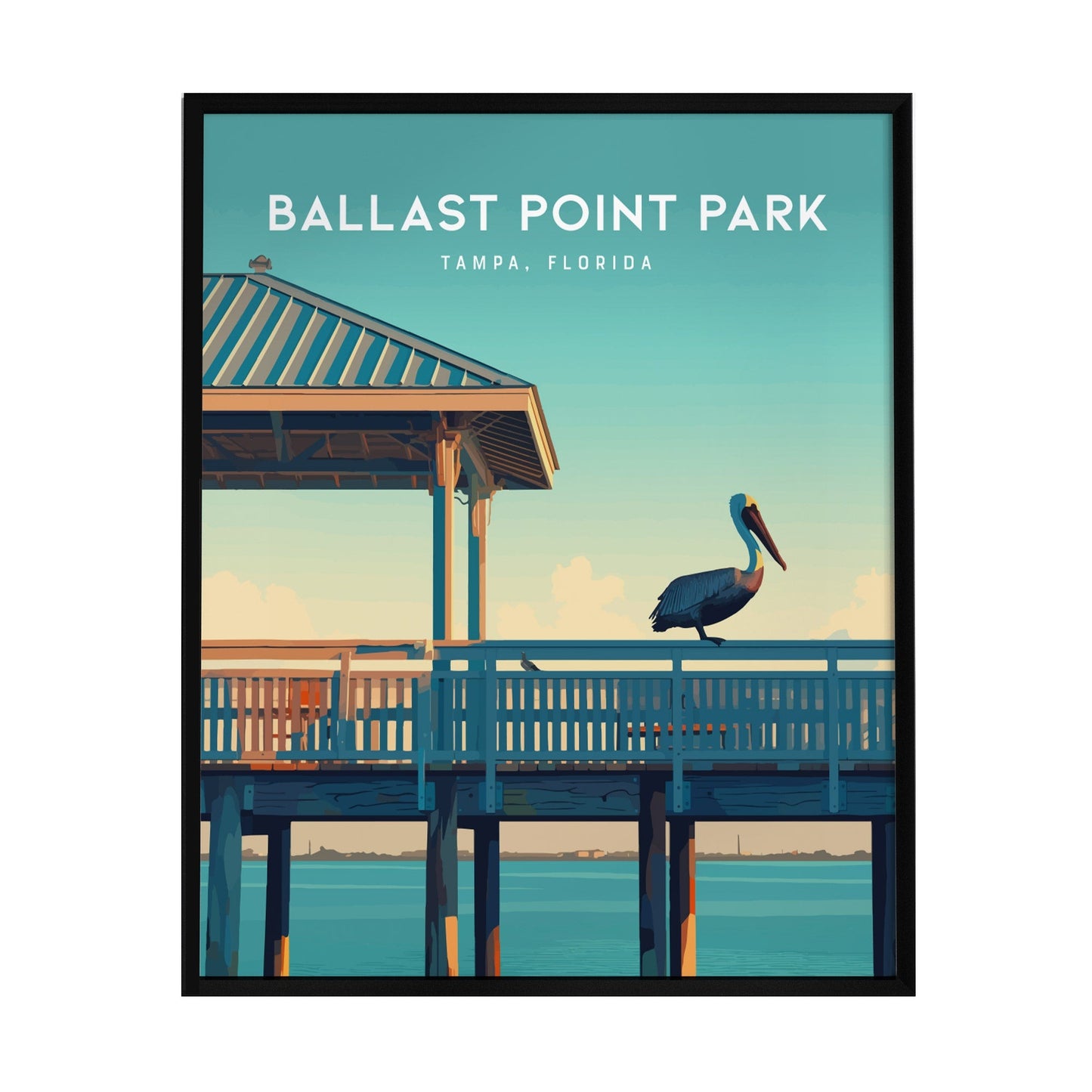 A vibrant art print of Ballast Point Park in Tampa, Florida, showcasing a graceful pelican standing on a fishing pier. The scene features a clear blue sky and calm waters, encapsulating the serene coastal beauty of the area.