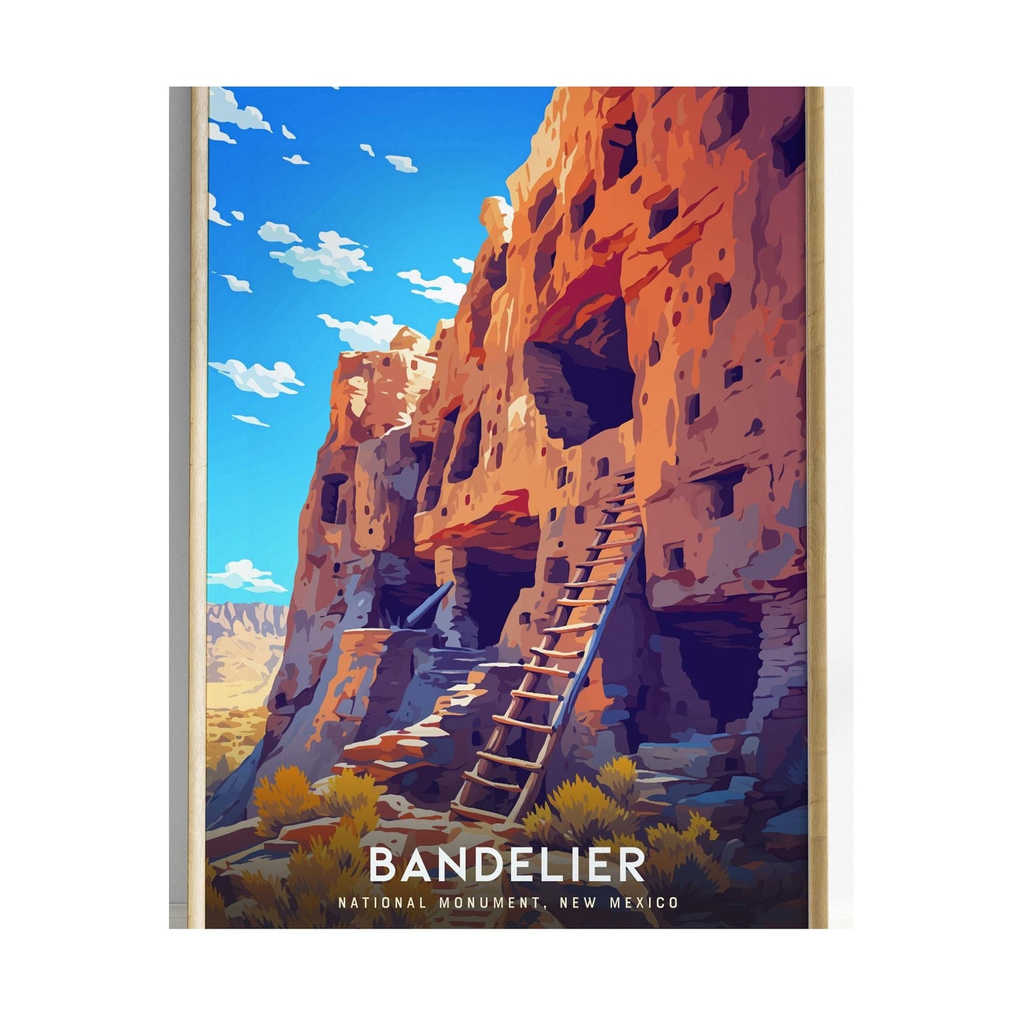 A vibrant illustration of Bandelier National Monument showcases rugged cliffs with ancient Pueblo dwellings, featuring a wooden ladder leading to a cave entrance.