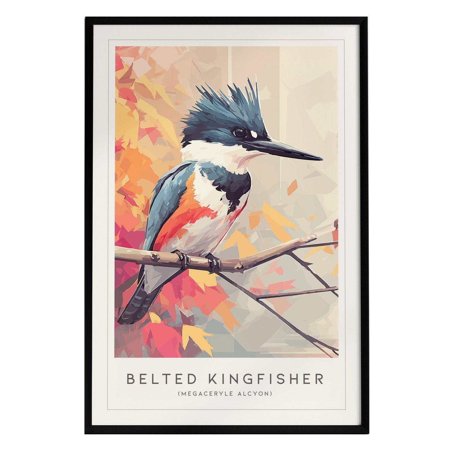 A modern geometric art print of a Belted Kingfisher perched on a branch, showcasing vibrant blues, whites, and oranges. The background features warm autumn hues with abstract leaf shapes, creating a lively and colorful atmosphere.