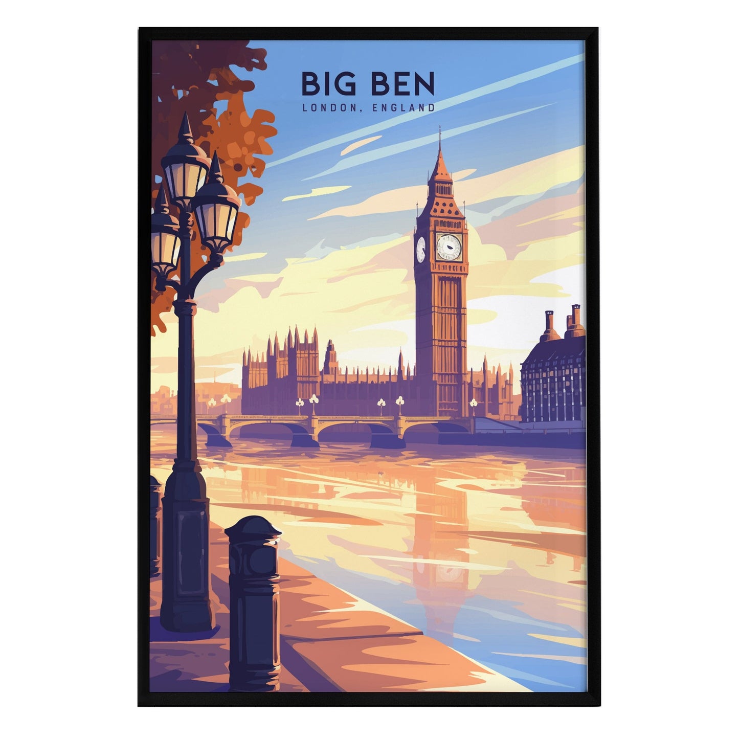 A vibrant illustration of Big Ben and the Houses of Parliament, set against a colorful sunset sky. The scene features lampposts along the River Thames, reflecting the warm evening light on the waters surface.