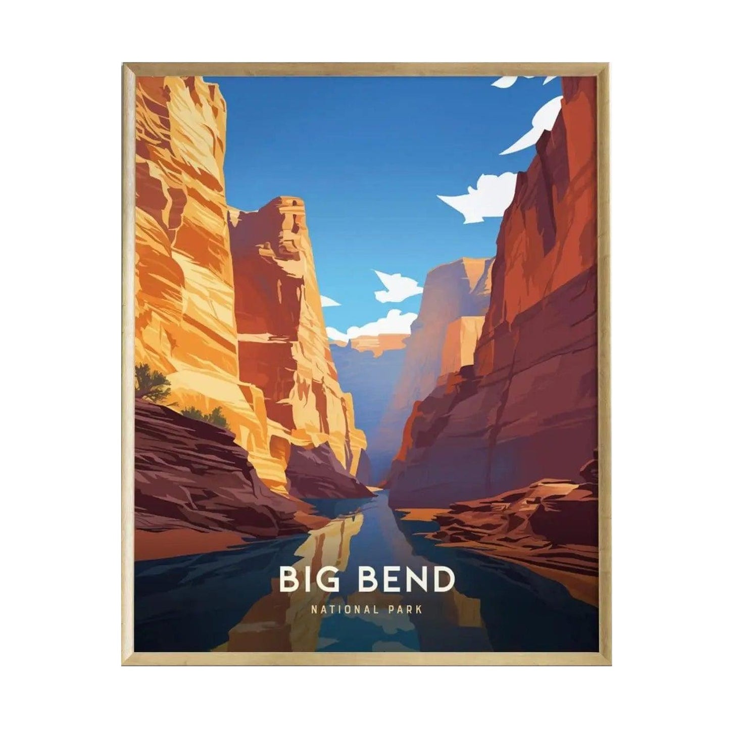 A vibrant poster featuring the stunning landscape of Big Bend National Park, showcasing towering orange and red canyon walls reflected in the calm waters of the Rio Grande River below. The artwork captures the parks dramatic natural beauty.