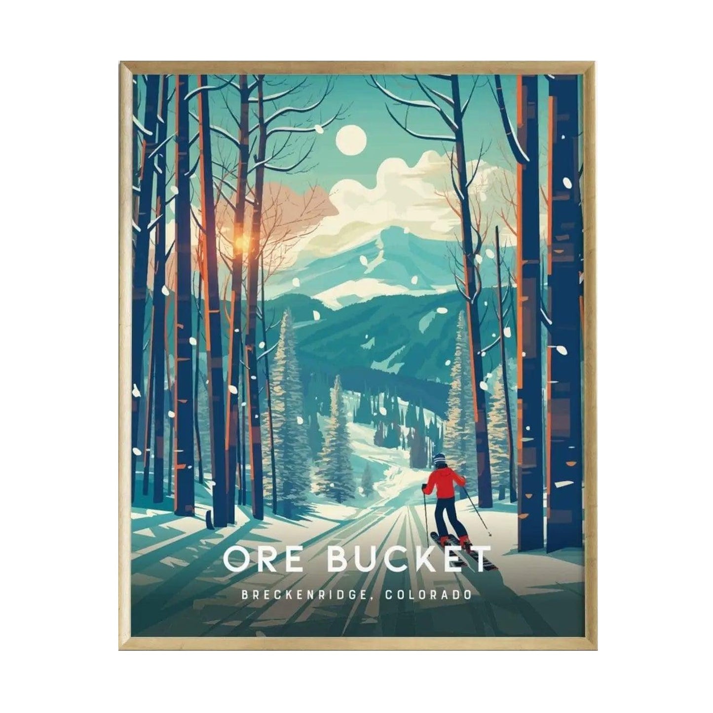 A vibrant poster featuring a scenic winter landscape with tall, snow-covered trees and mountains in the background.