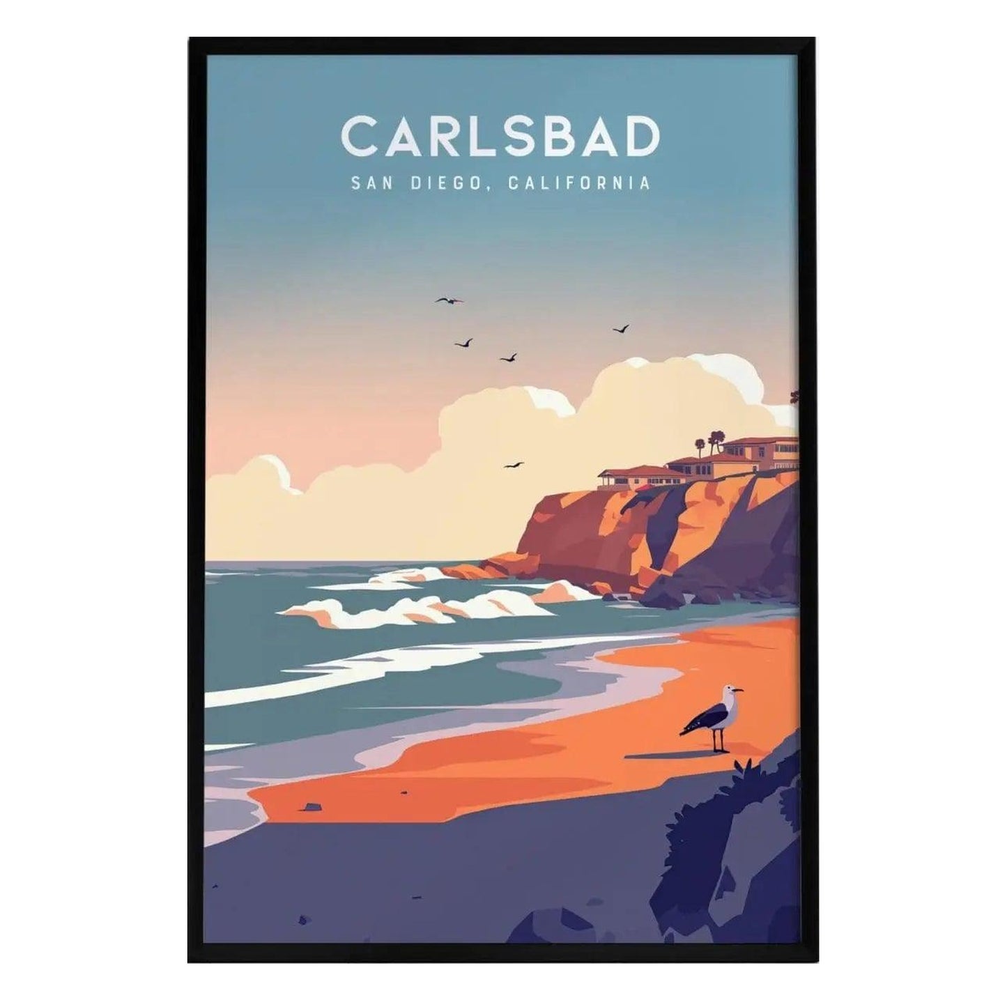 A framed poster of Carlsbad, California, featuring a colorful coastal scene with cliffs, golden sands, and gentle ocean waves under a pastel sky.