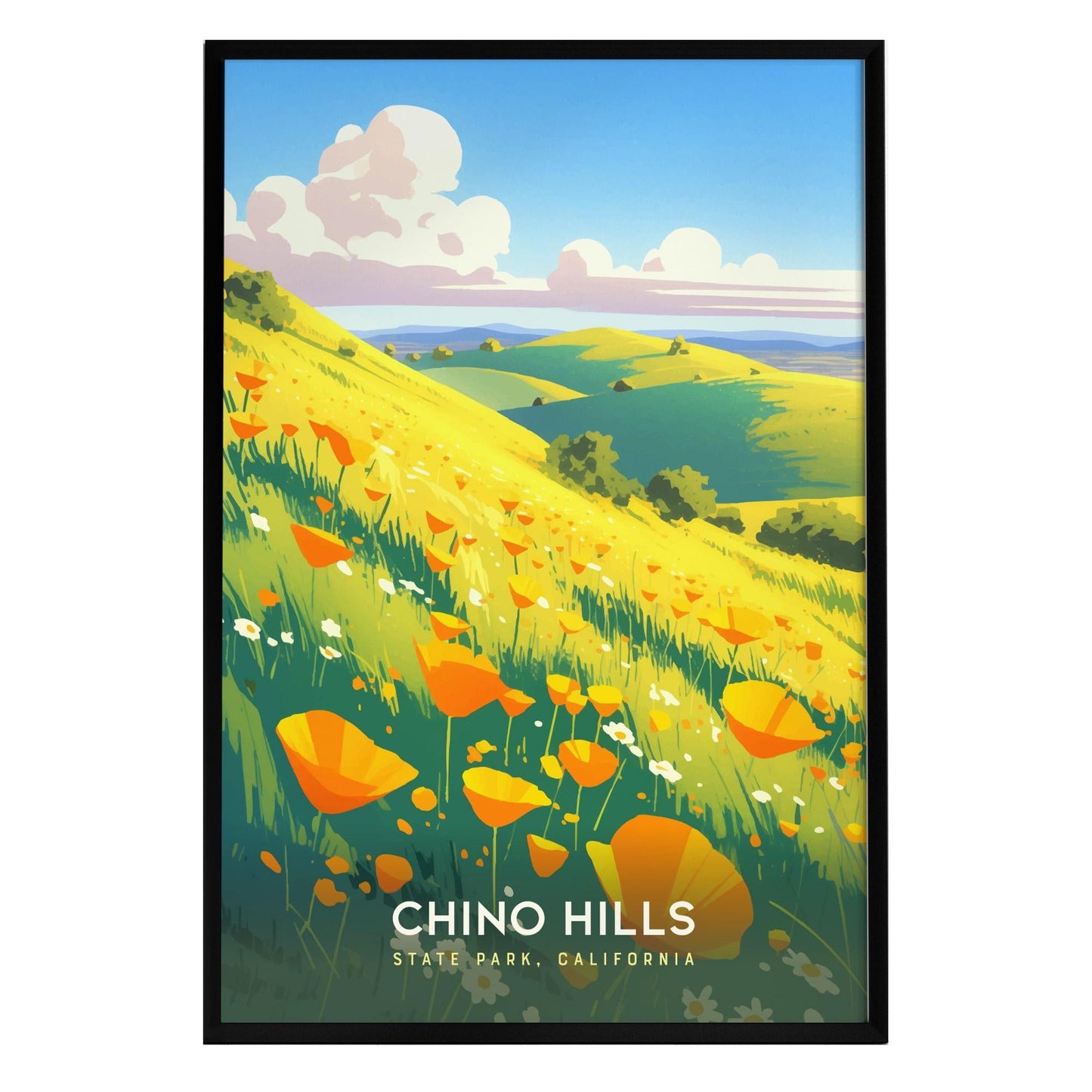 A vibrant illustration of Chino Hills State Park showcases rolling golden hills adorned with bright orange poppies and delicate white flowers under a clear blue sky. The artwork captures the essence of Californias spring wildflower season.