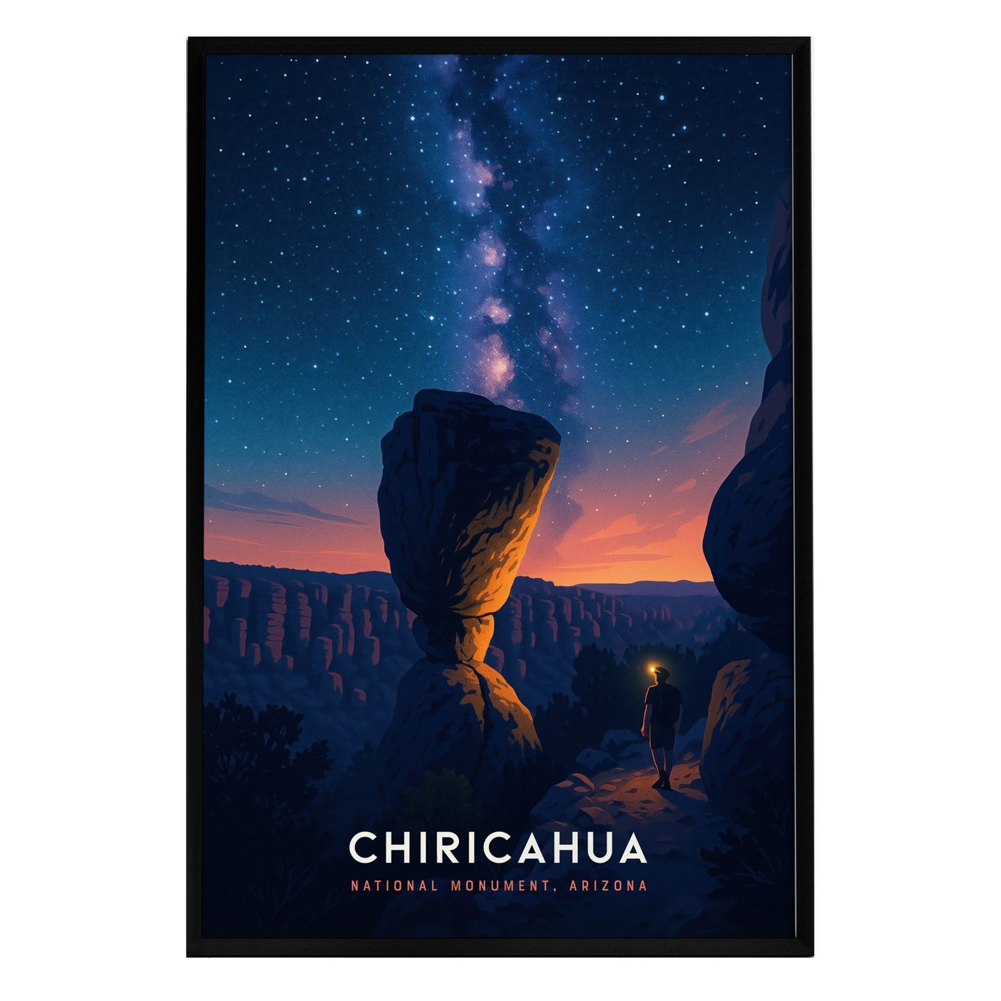 A visually striking poster featuring the Chiricahua National Monument in Arizona, showcasing towering rock formations under a starry night sky.