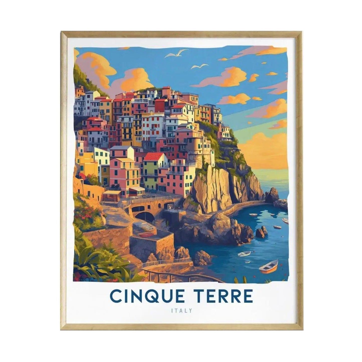 A vibrant illustration of the Cinque Terre coastline in Italy, featuring colorful cliffside villages stacked atop rocky terrain, with sparkling blue waters and boats in the foreground.