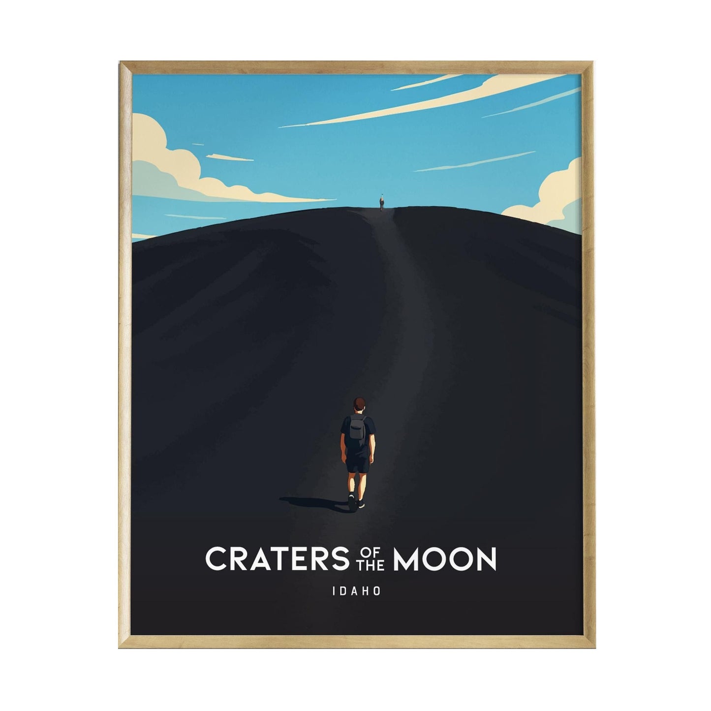 A vintage-modern art print titled Craters of the Moon depicts a lone hiker ascending a dark cinder cone under a bright blue sky with scattered clouds. The poster captures the rugged beauty of Idahos volcanic landscape, inviting adventure.