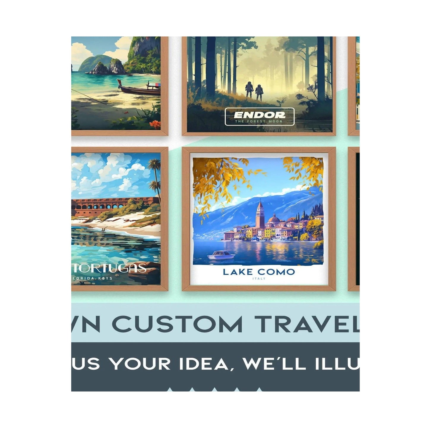A collection of colorful travel posters is displayed on a light green wall, showcasing various scenic locations like Lake Como and Endor. The posters are framed in wood, highlighting beautiful landscapes and iconic destinations.
