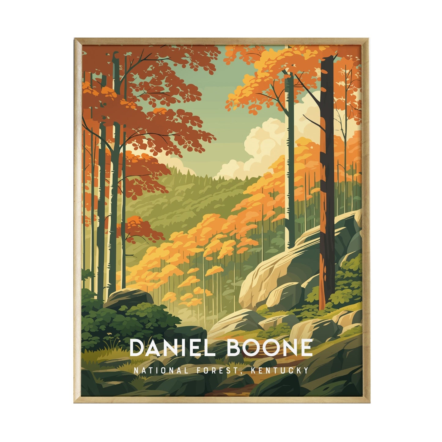 A vibrant illustration of Daniel Boone National Forest in Kentucky, featuring tall trees with autumn foliage in shades of orange and yellow.