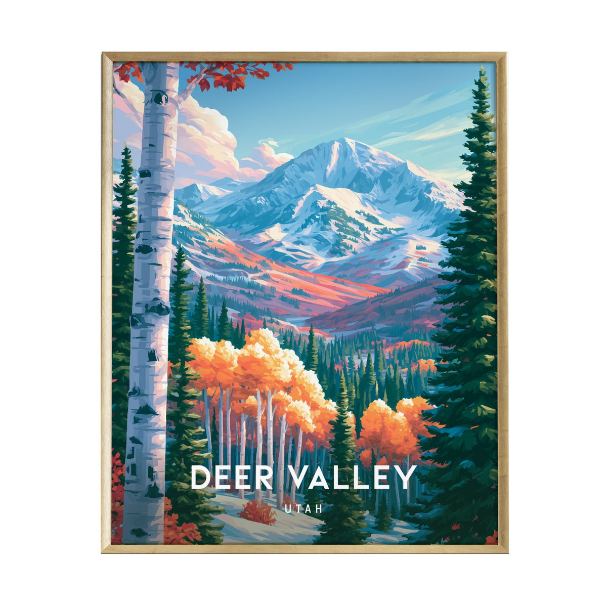 A vibrant illustration of Deer Valley, Utah, featuring majestic snow-covered mountains in the background, colorful autumn trees in the foreground, and a clear blue sky.