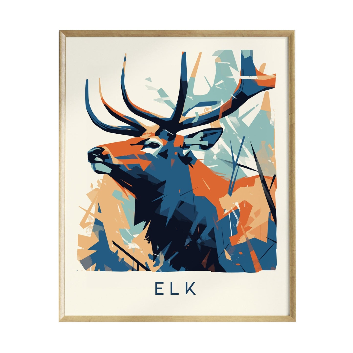 A modern geometric print of an elk features bold lines and vibrant colors, primarily in shades of blue and orange. The artwork is framed and displays the word ELK prominently at the bottom, emphasizing the majestic animal.