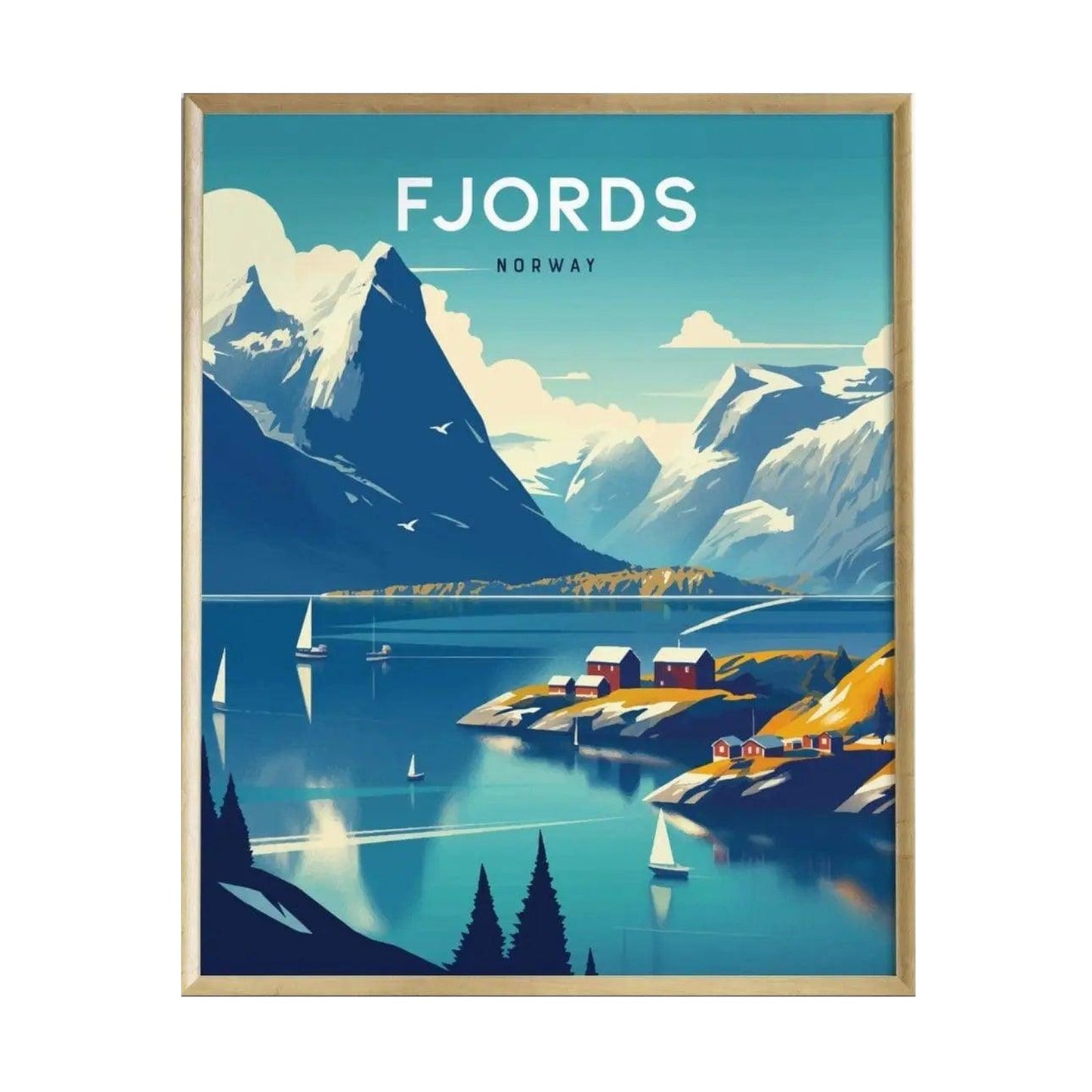 A vibrant illustration of Norways fjords, featuring towering mountains and serene blue waters. Sailboats glide across the water, while colorful cabins dot the landscape, framed by lush greenery and dramatic peaks under a clear sky.