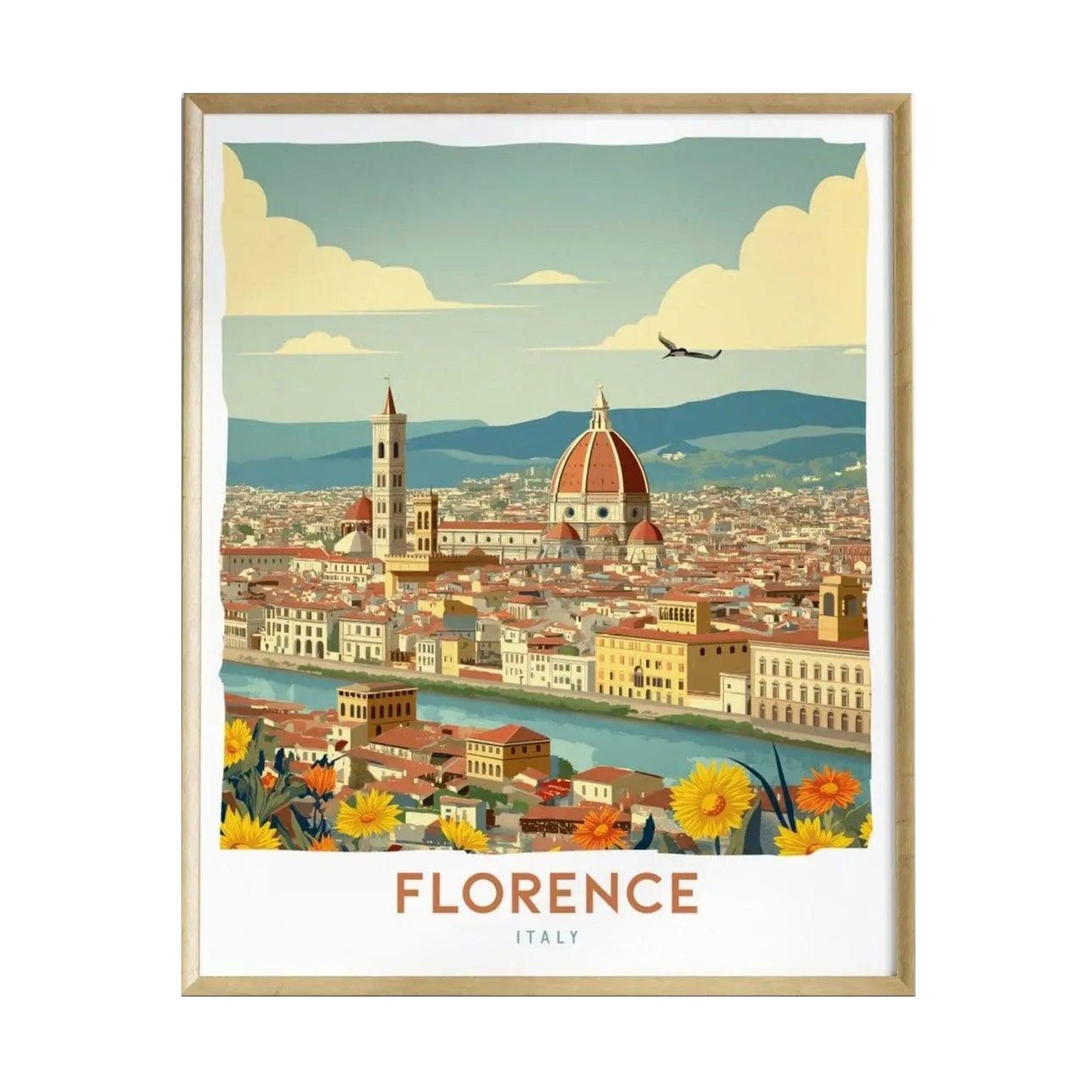 A vibrant poster depicting a panoramic view of Florence, Italy, showcasing the iconic dome of the Florence Cathedral surrounded by picturesque buildings and lush hills.