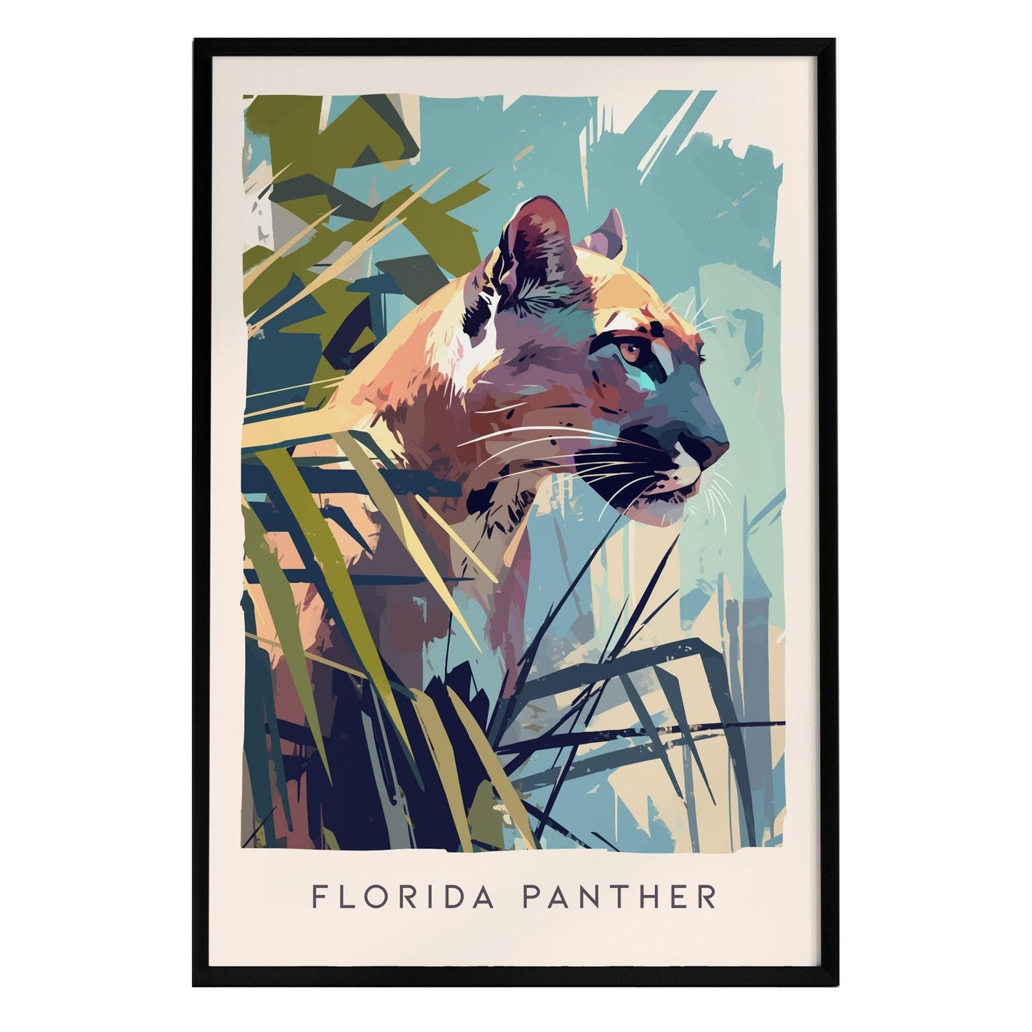 A colorful illustrated poster of a Florida Panther, featuring a close-up profile of the big cat among vibrant green foliage.