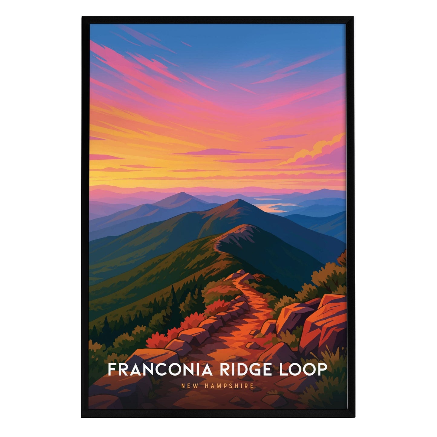 A vibrant illustration of the Franconia Ridge Loop in New Hampshire, featuring a winding trail set against a backdrop of majestic mountains and a colorful sunset sky.