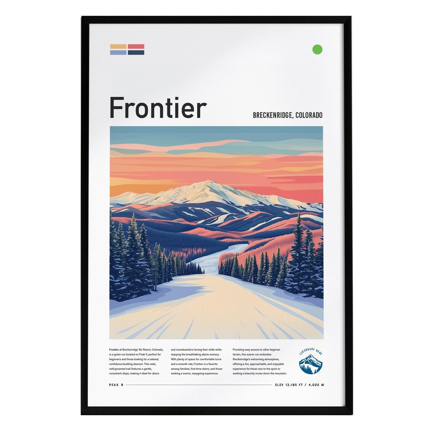 A stylized poster of Frontier Peak 9 at Breckenridge, Colorado, features a snow-covered ski trail leading into a vibrant sunset.