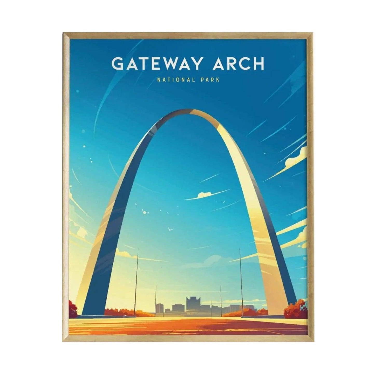 A vibrant poster featuring the Gateway Arch in St. Louis, Missouri, set against a bright blue sky. The minimalist design highlights the archs elegant shape, symbolizing American innovation and westward expansion.