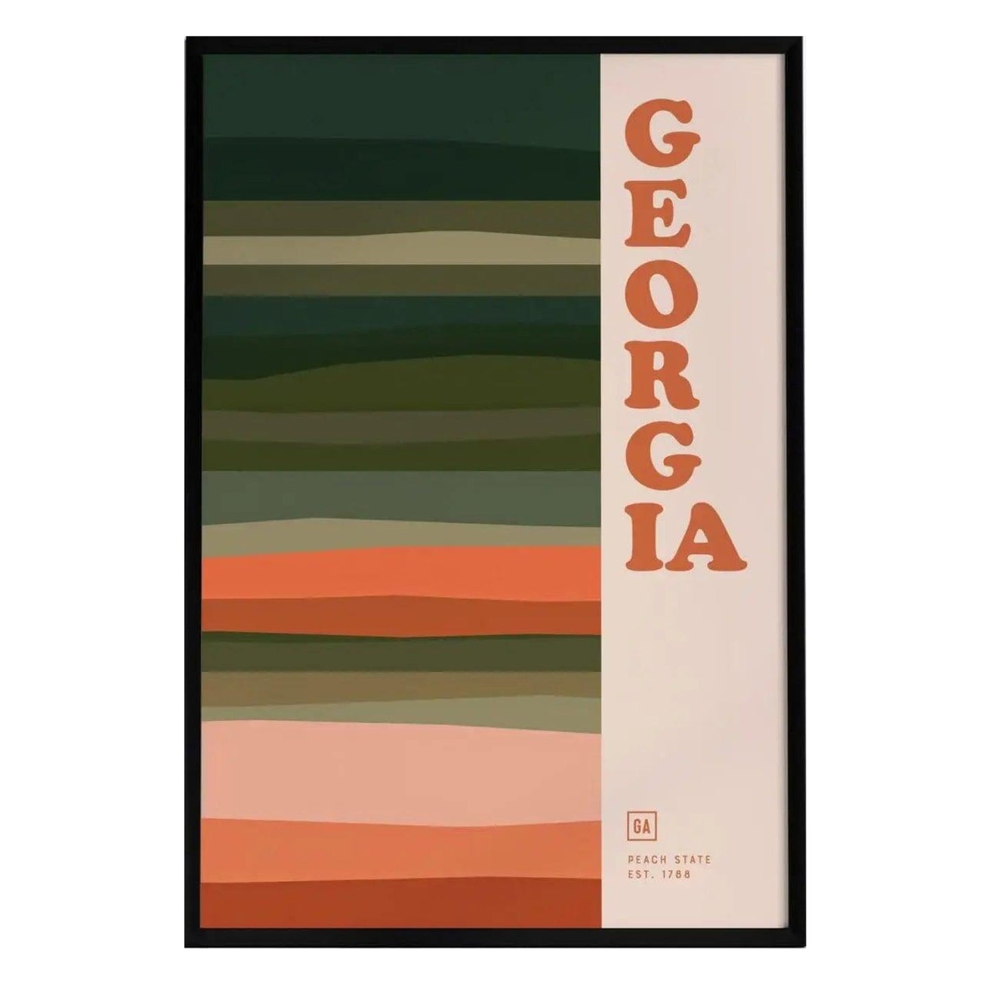 A minimalist poster featuring the word GEORGIA in bold orange typography, accompanied by horizontal bands of earthy colors including green, peach, and rust. The design reflects the diverse landscapes of the Peach State in a modern style.