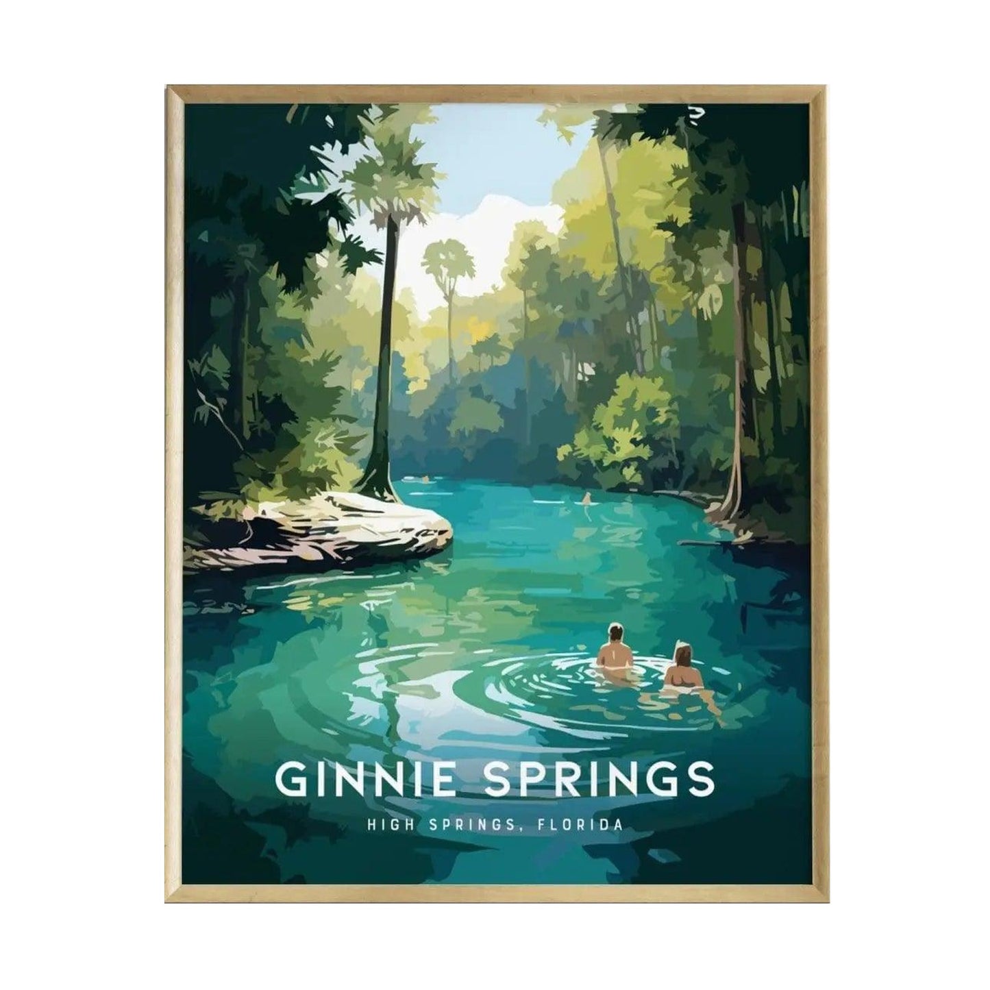 A vibrant poster of Ginnie Springs in High Springs, Florida, featuring serene turquoise waters surrounded by lush greenery. Two figures wade peacefully in the water, capturing the tranquil essence of this natural spring.