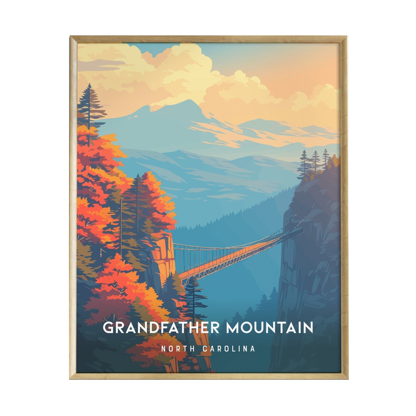 A vibrant illustration of Grandfather Mountain in North Carolina showcases a scenic view of the iconic Mile High Swinging Bridge surrounded by autumn foliage and misty blue peaks.