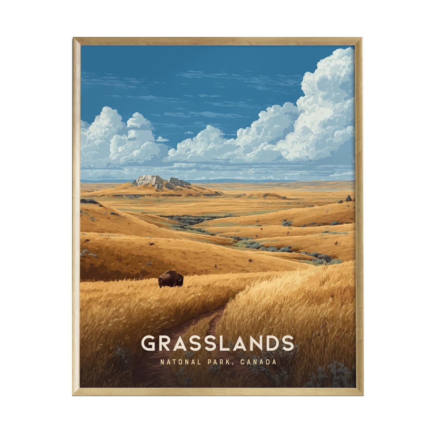A beautifully framed poster of Grasslands National Park features a vibrant landscape of golden hills under a dramatic blue sky with fluffy white clouds.