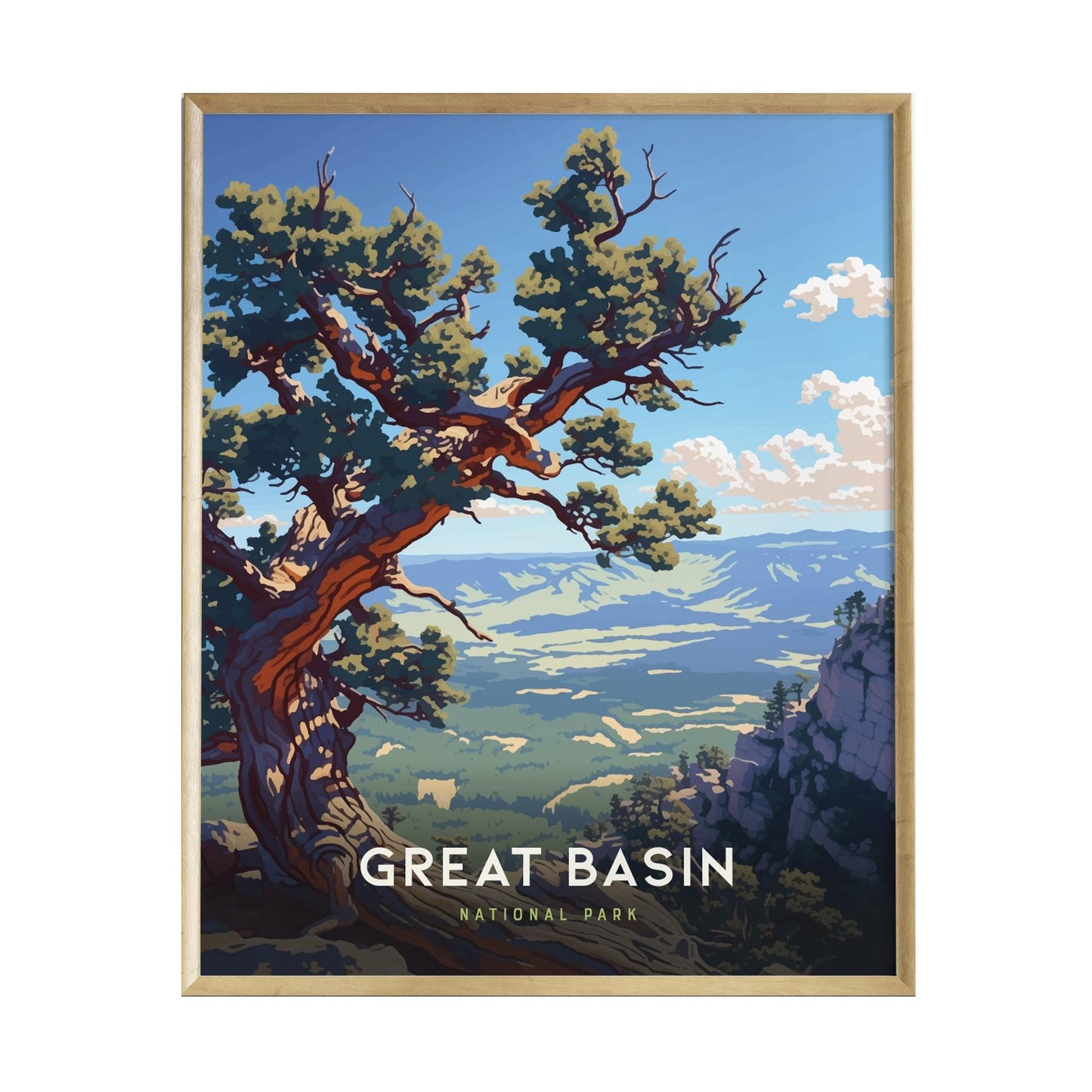 A vibrant poster of Great Basin National Park featuring a stylized, ancient bristlecone pine tree with a sweeping view of mountains and valleys in the background. The text GREAT BASIN NATIONAL PARK is prominently displayed at the bottom.