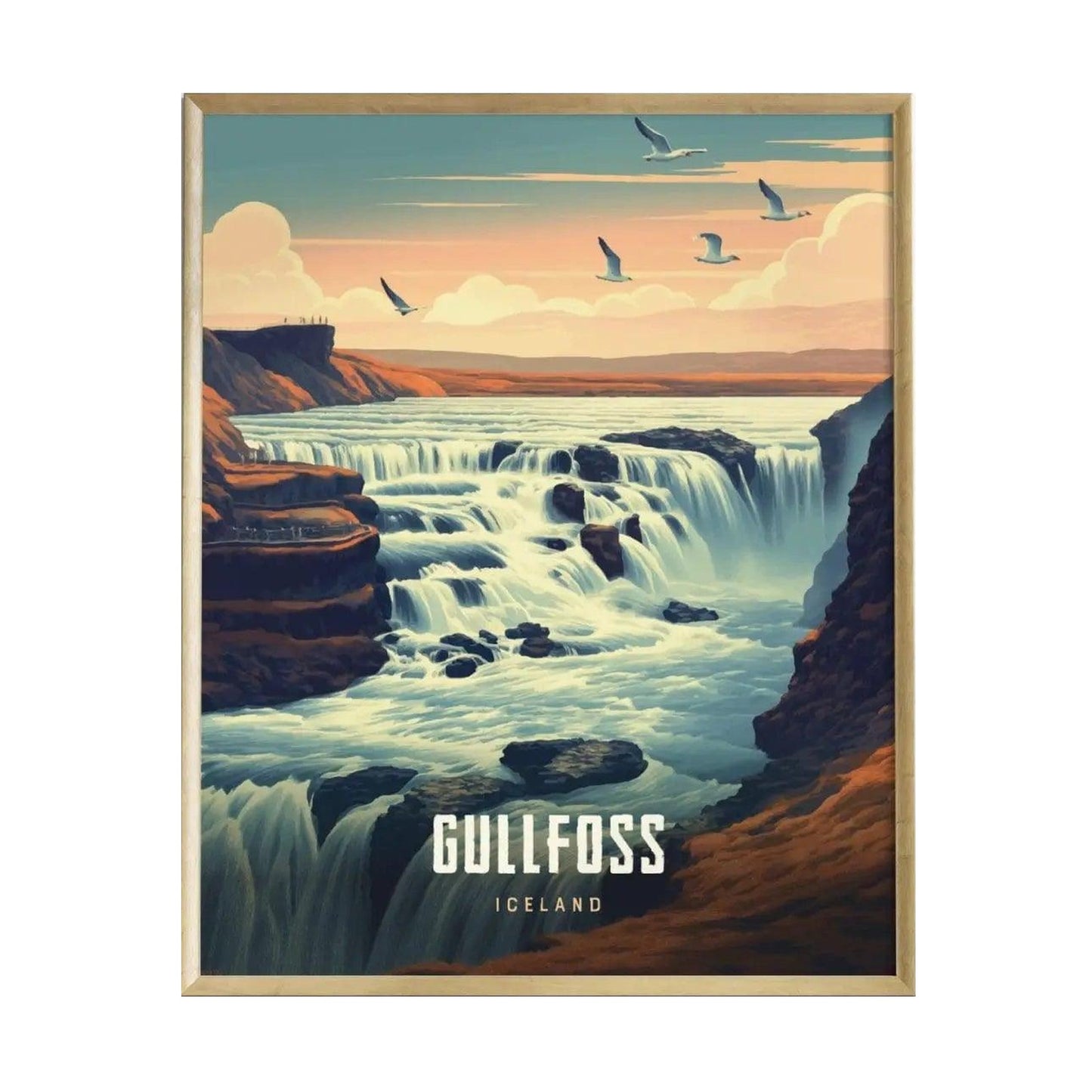 A beautifully framed travel poster depicting Gullfoss, Icelands iconic waterfall, with cascading water and rocky cliffs. The scene features a serene sky with birds flying above, showcasing the stunning natural beauty of the landscape.