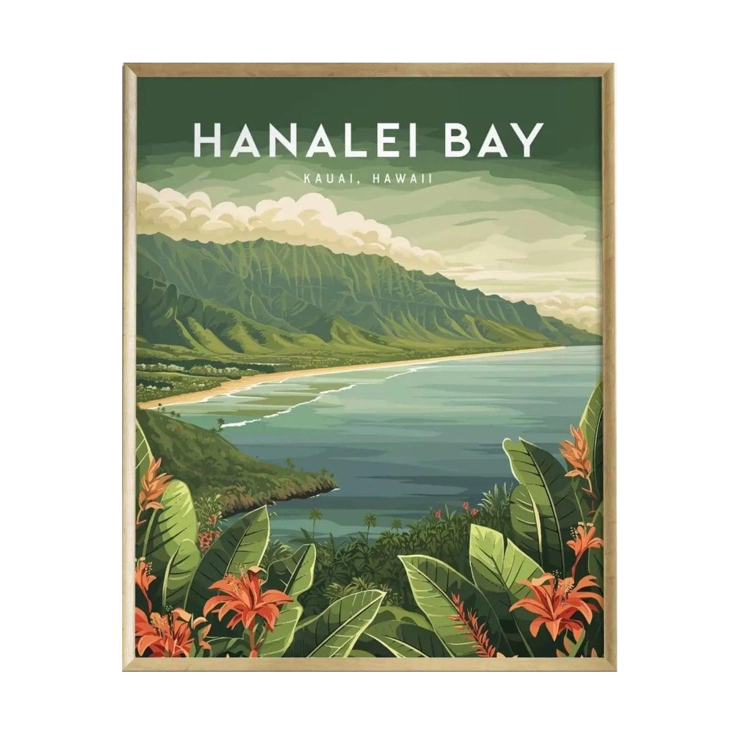 A vibrant poster of Hanalei Bay, Kauai, showcases lush green mountains and tropical foliage in the foreground, with the serene blue waters of the bay and a cloudy sky in the background.