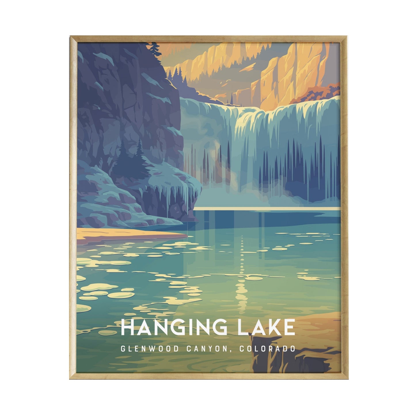 A vibrant poster of Hanging Lake in Glenwood Canyon, Colorado, features a stunning turquoise lake surrounded by majestic cliffs and a waterfall cascading down, with warm sunset colors illuminating the scene.