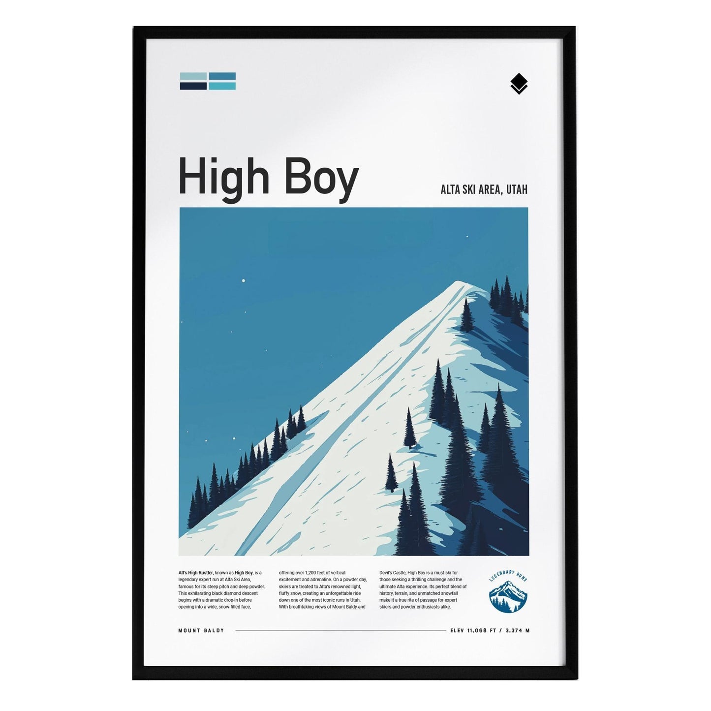 A framed poster titled High Boy showcases a stylized depiction of a snowy ski slope at Alta Ski Area in Utah.