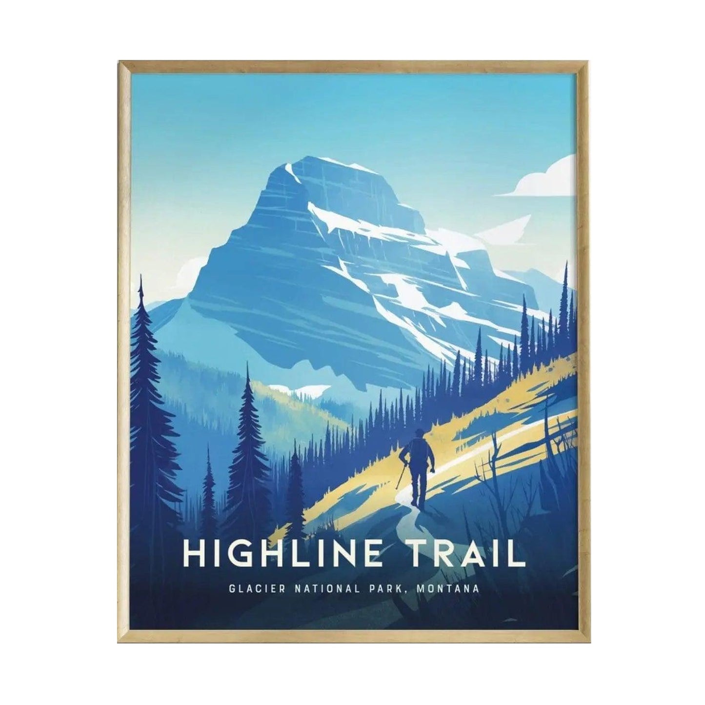 A vibrant poster depicting the Highline Trail in Glacier National Park, Montana, featuring a hiker ascending a mountain path surrounded by evergreen trees and stunning blue mountain vistas under a clear sky.