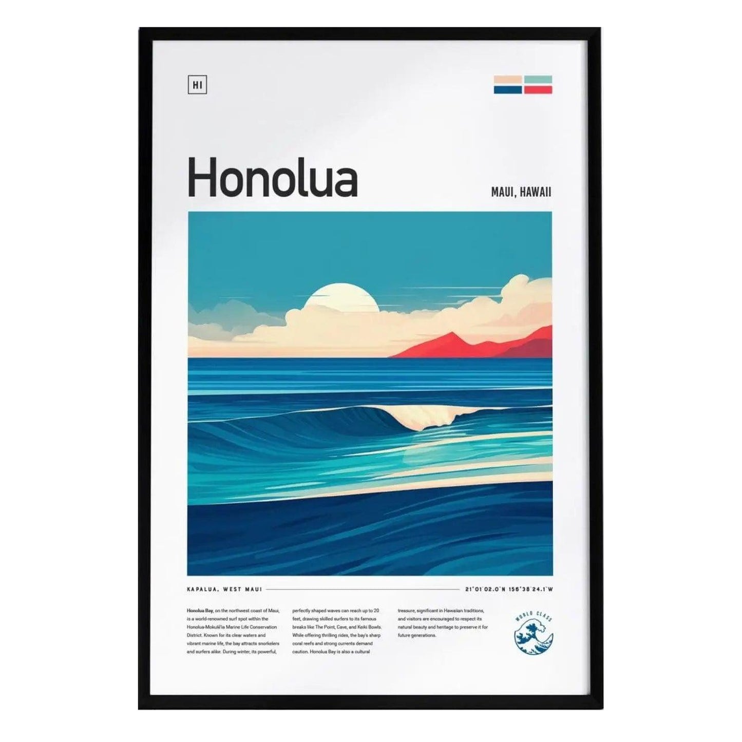 A framed poster featuring a stylized illustration of Honolua Bay in Maui, Hawaii. The scene depicts rolling ocean waves, a colorful sunset, and distant mountains, with modern typography labeling the location and details about the surf spot.