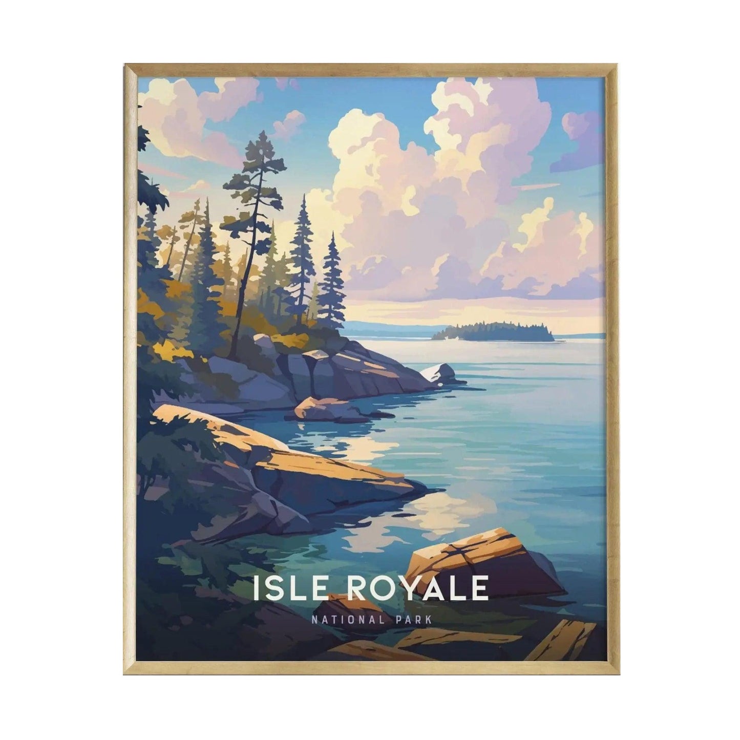 A vibrant illustration of Isle Royale National Park features rocky shorelines and tall evergreen trees against a serene lake scene.