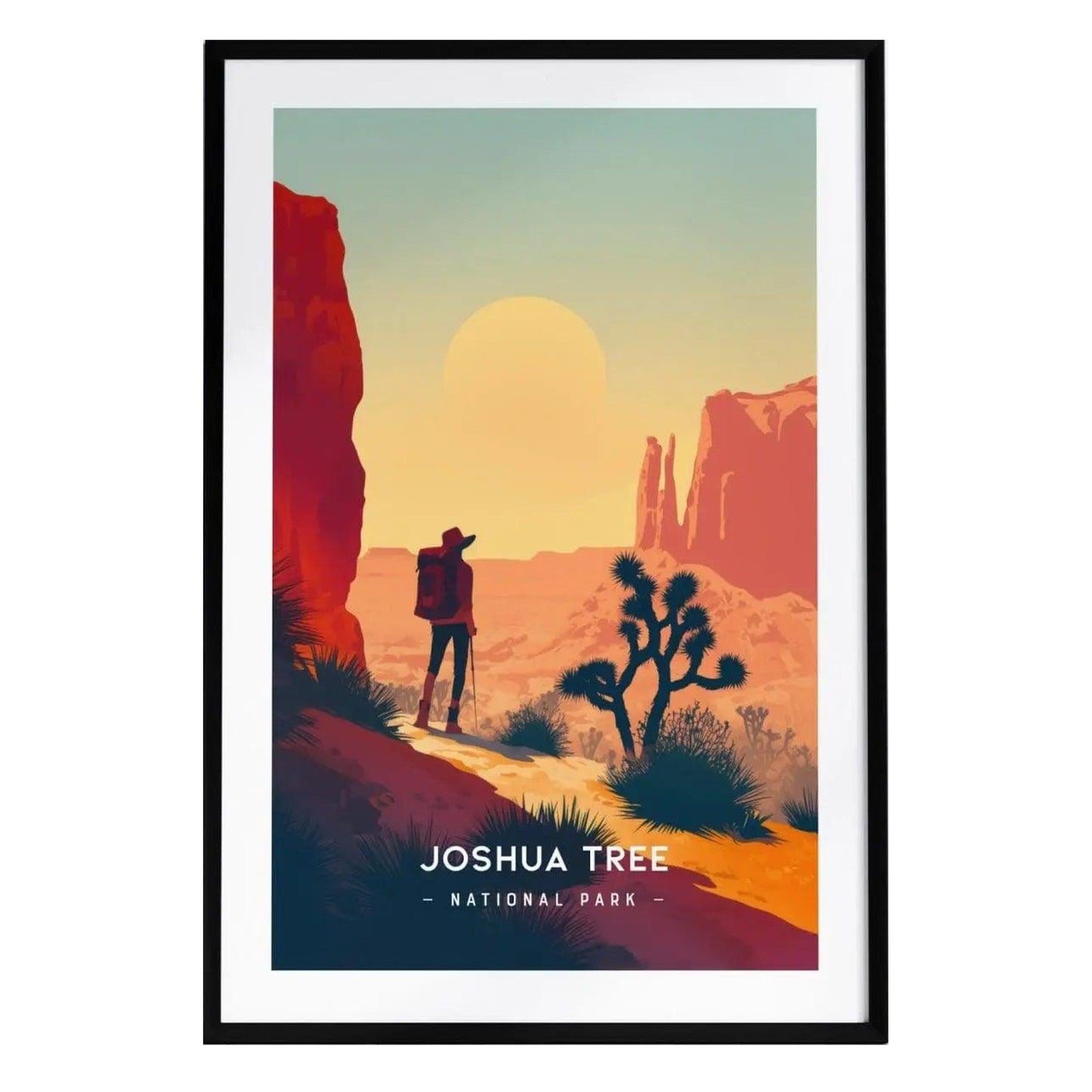 A minimalist poster featuring a silhouette of a person with a backpack standing on a desert trail, overlooking a sunset scene in Joshua Tree National Park.