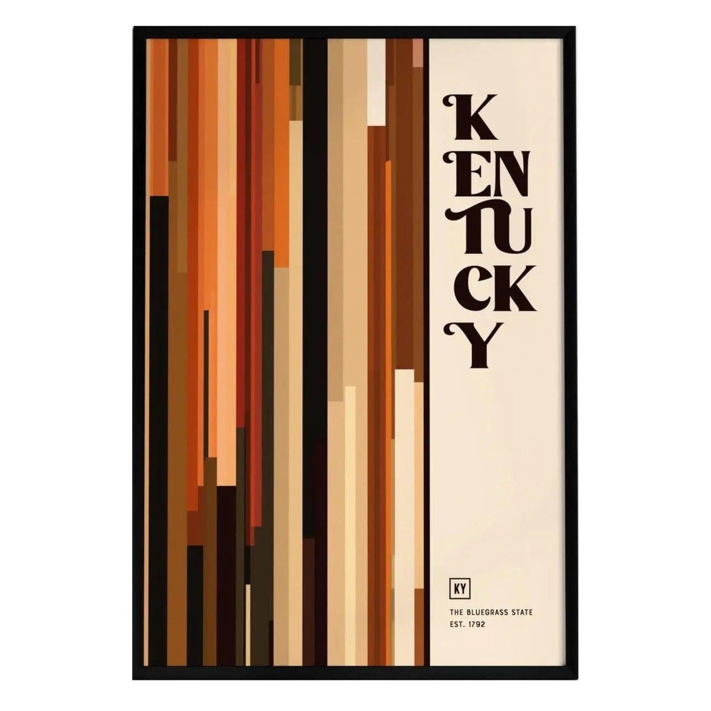 A minimalist poster featuring vertical stripes in warm hues of brown, orange, and cream, representing the essence of Kentucky.