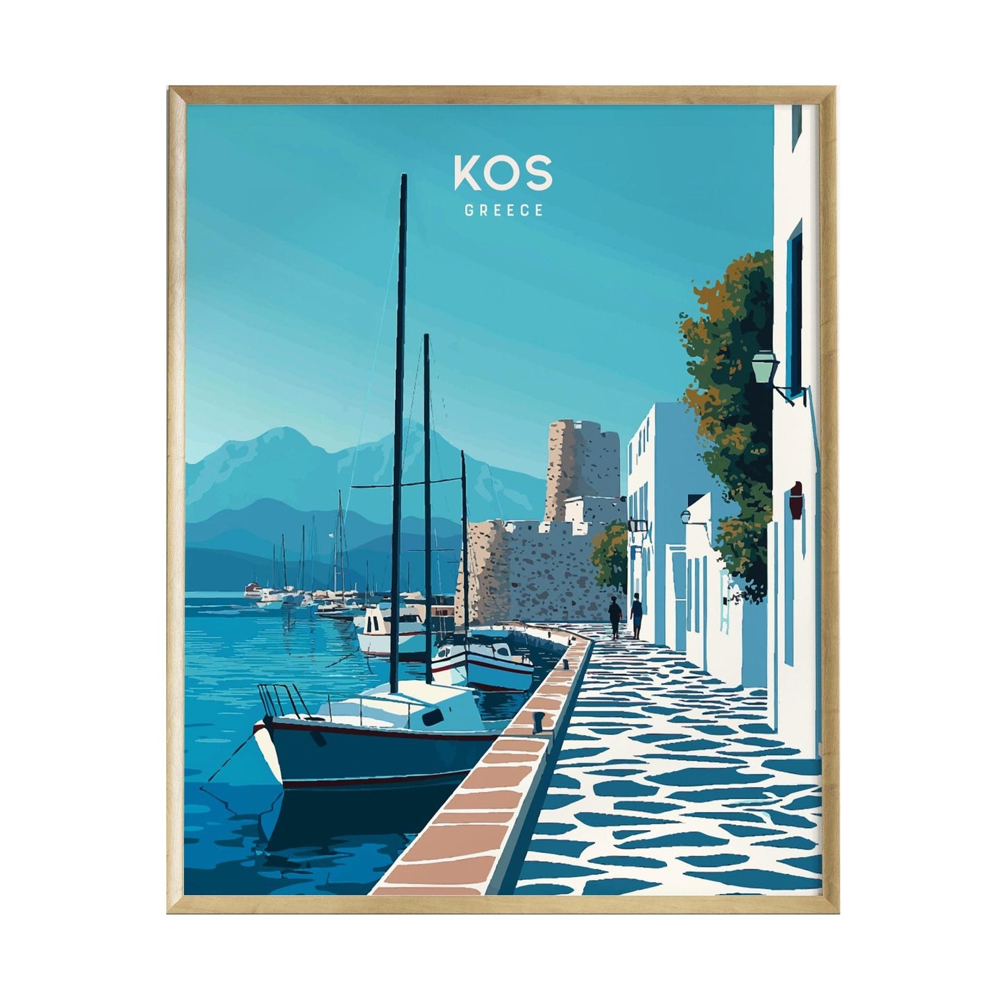 A vibrant poster depicting a serene harbor scene in Kos, Greece, featuring whitewashed buildings, fishing boats, and a backdrop of mountains.