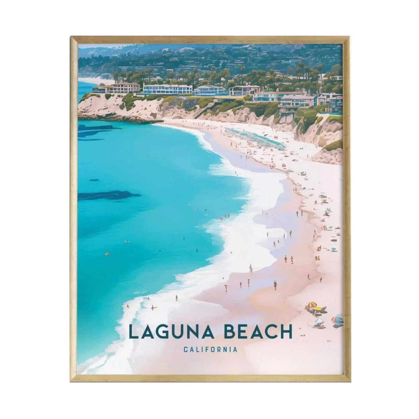 A vibrant poster featuring Laguna Beach, California, showcases a stunning aerial view of the coastline with sandy beaches, waves gently lapping at the shore, and sunbathers enjoying the sun.