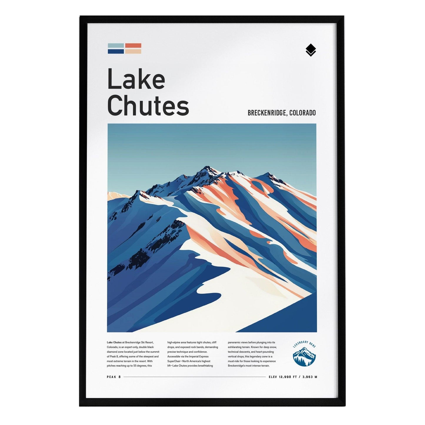 A framed poster titled Lake Chutes showcases a stylized illustration of snowy mountain peaks in Breckenridge, Colorado. The design features vibrant colors and graphic lines, emphasizing the steep terrain and alpine beauty.