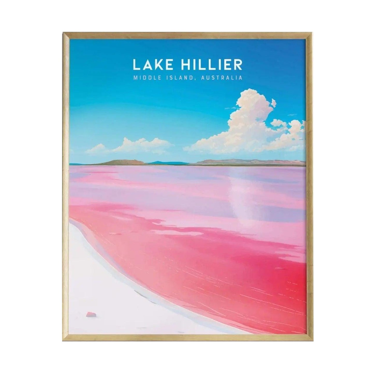 A framed poster of Lake Hillier in Middle Island, Australia, features a vibrant pink lake contrasting against a bright blue sky with fluffy white clouds. The artwork captures the surreal beauty of the landscape.