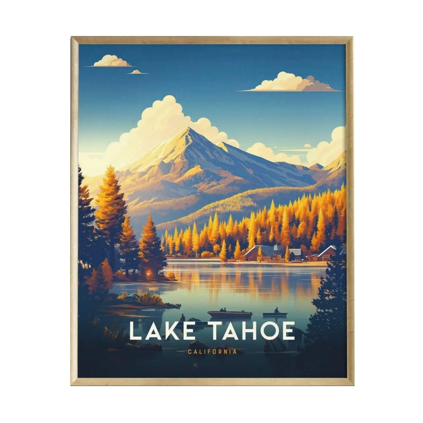 A vibrant Lake Tahoe poster features a serene landscape with a tranquil lake reflecting autumn-colored trees and majestic mountains under a bright blue sky. The artwork is framed and includes the text Lake Tahoe prominently displayed.