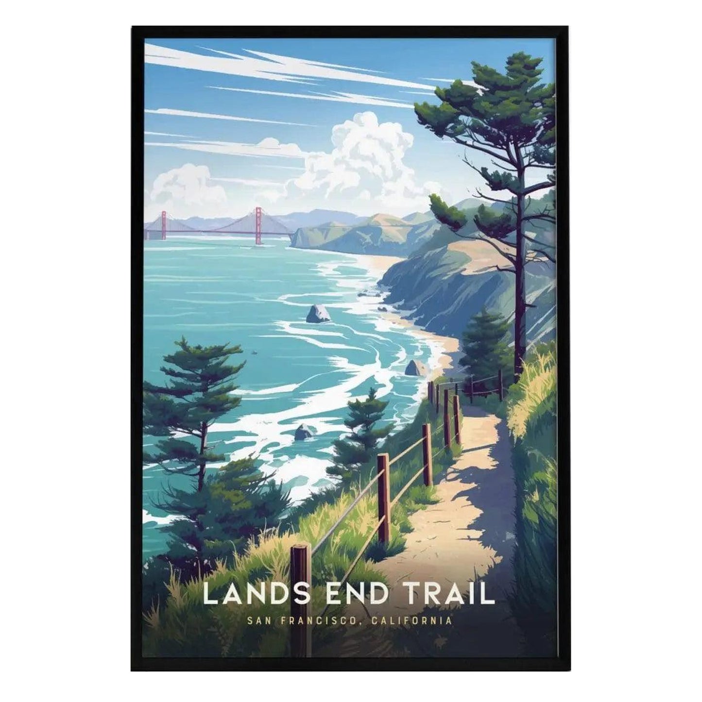 A vibrant illustration of the Lands End Trail in San Francisco, showcasing lush green trees, rugged coastal cliffs, and a serene ocean view.