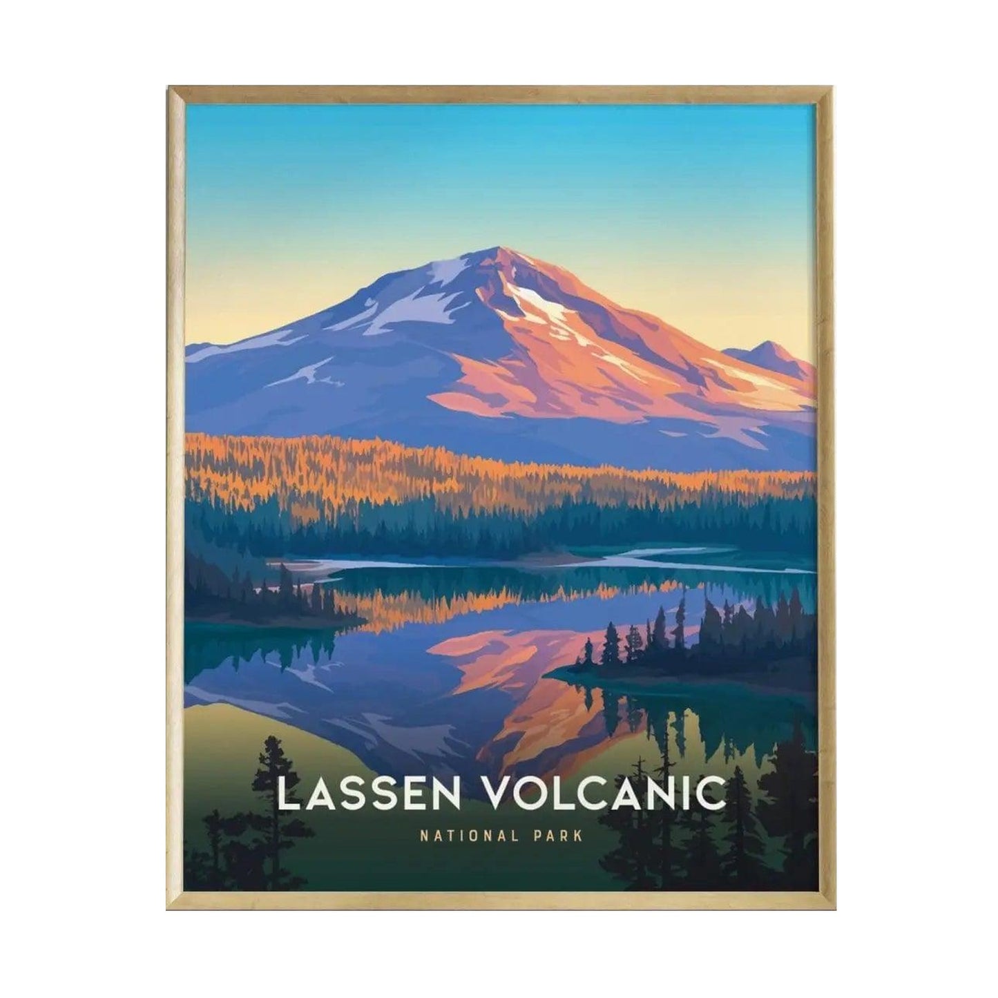 A colorful poster of Lassen Volcanic National Park featuring a stylized depiction of Lassen Peak surrounded by vibrant orange and blue hues. The serene lake reflects the mountain and trees, creating a tranquil landscape scene.