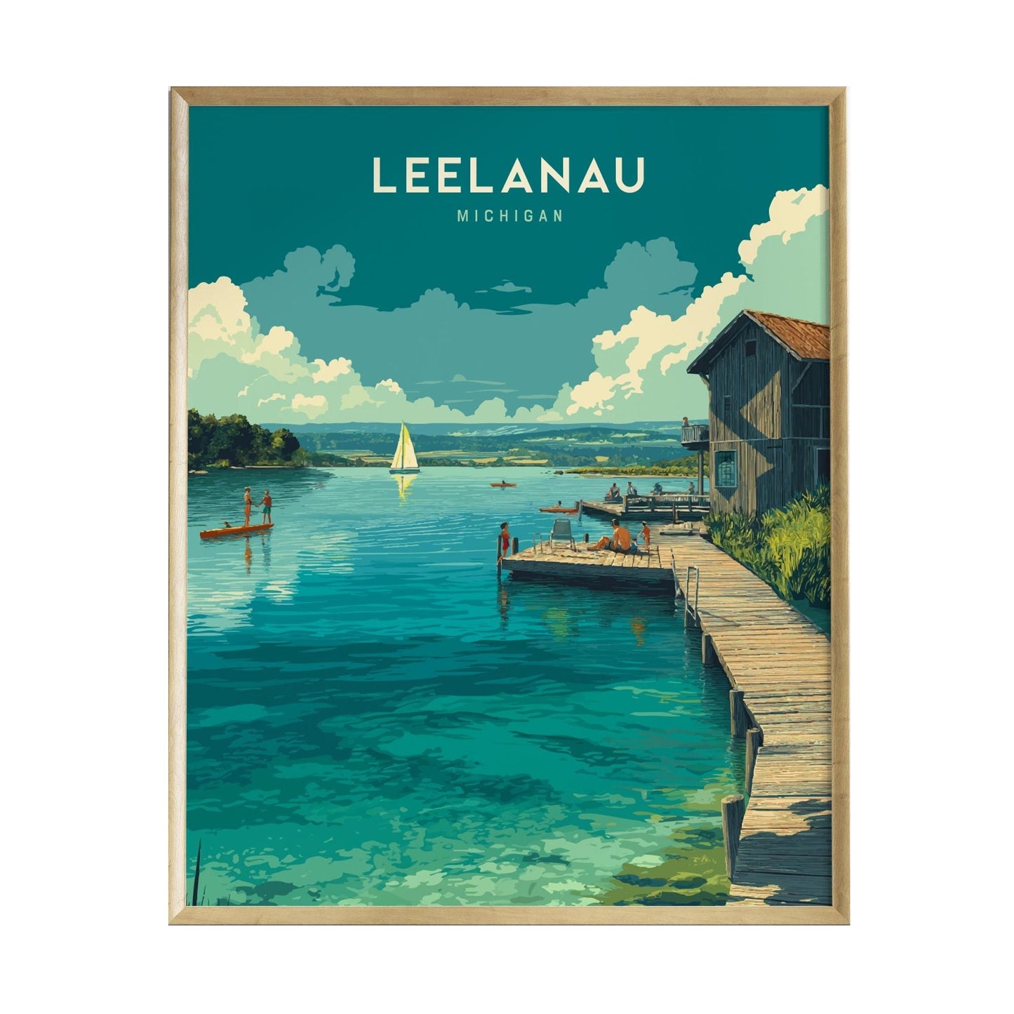 A vibrant illustration of Leelanau, Michigan, featuring a serene lake scene with a rustic dock, a sailboat, and kayakers. The artwork showcases clear blue waters, green hills, and a picturesque sky, evoking a tranquil summer atmosphere.