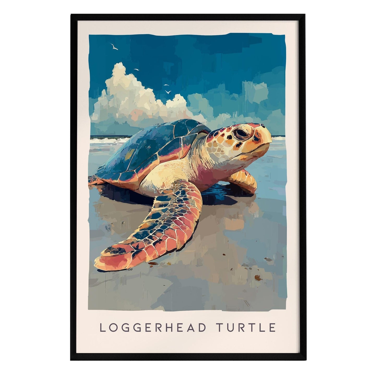 A vibrant illustration of a loggerhead sea turtle resting on a sandy beach, showcasing its textured shell and warm-toned scales. The background features a bright blue sky with fluffy clouds, creating a serene coastal atmosphere.