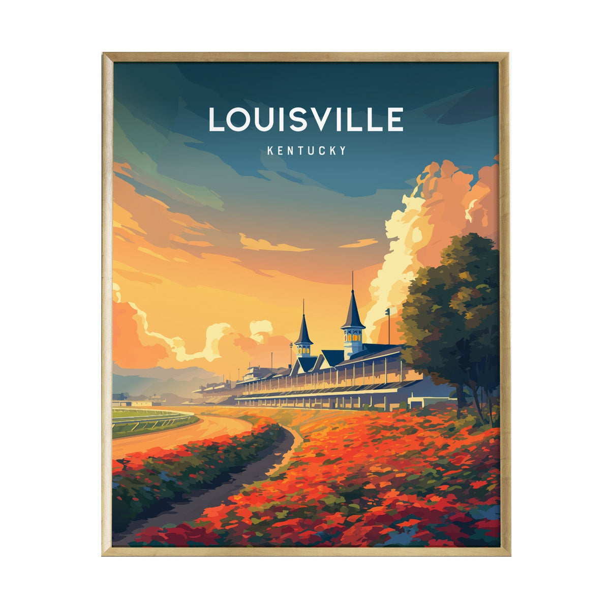 A vibrant illustration of Louisville, Kentucky, featuring the iconic Churchill Downs with its distinctive spires surrounded by colorful flower beds. The sky is painted in warm hues of orange and yellow, capturing a picturesque sunset.